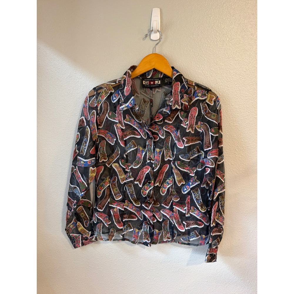 Gordon & James Cowboy Boot Sheer Button Down Women L Western Long Sleeve Y2K